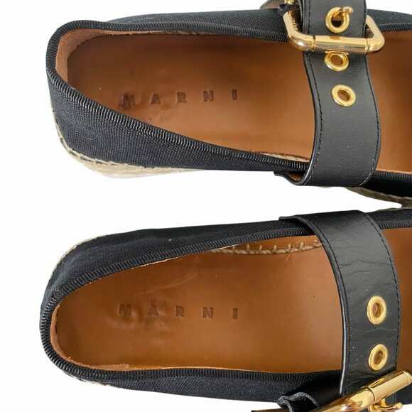 Marni Platform Mary Jane Espadrille Shoes Black Canvas Gold Buckle - Picture 11 of 12